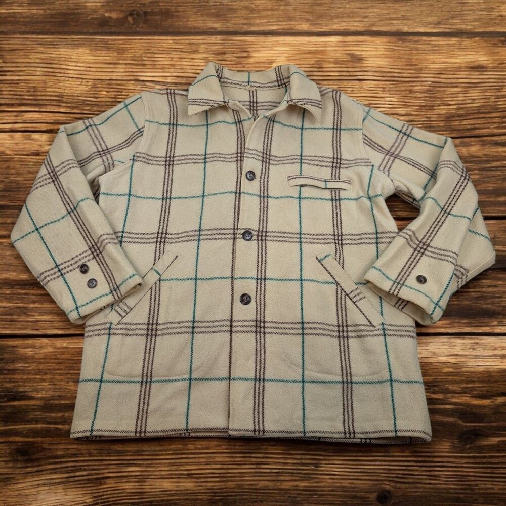 Vtg 40s Jumbo‎ Jac Wool Jacket Mens L /XL Cream Plaid Merrill Woolen Mills 1940s